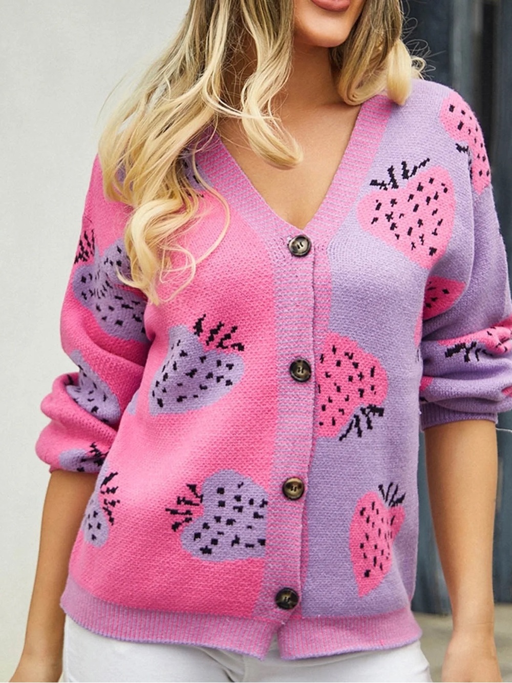 Women’s Pink & Lavender Strawberry-Print V-Neck Cardigan Sweater